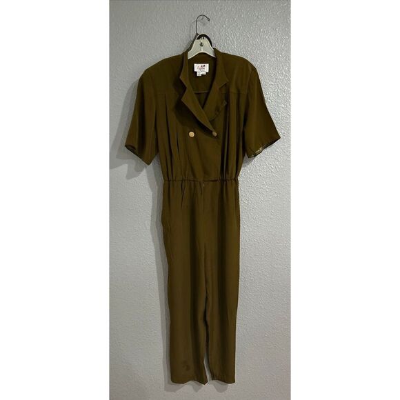 Vintage 70’s jumpsuit Army green gold buttons belt Sz 14 Imported fabric linen/ - Picture 8 of 8